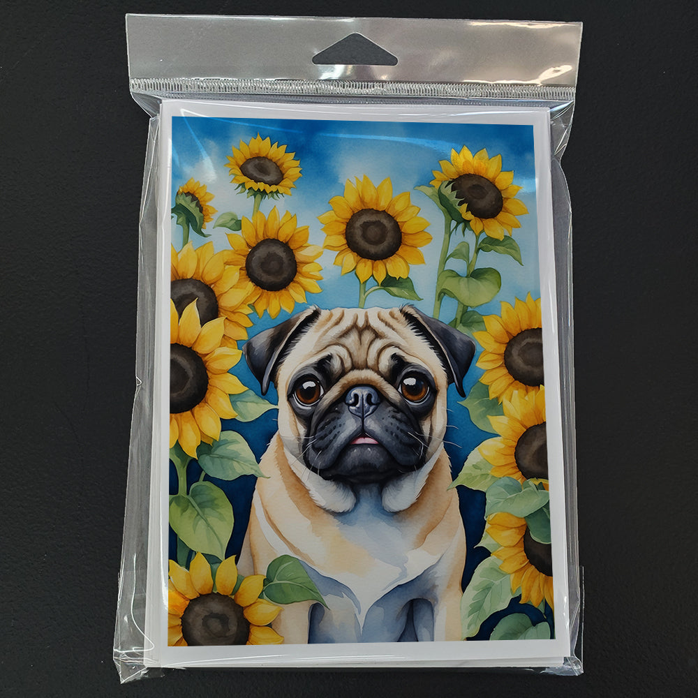 Pug in Sunflowers Greeting Cards Pack of 8 Blank Cards with Envelopes Whimsical A7 Size 5x7