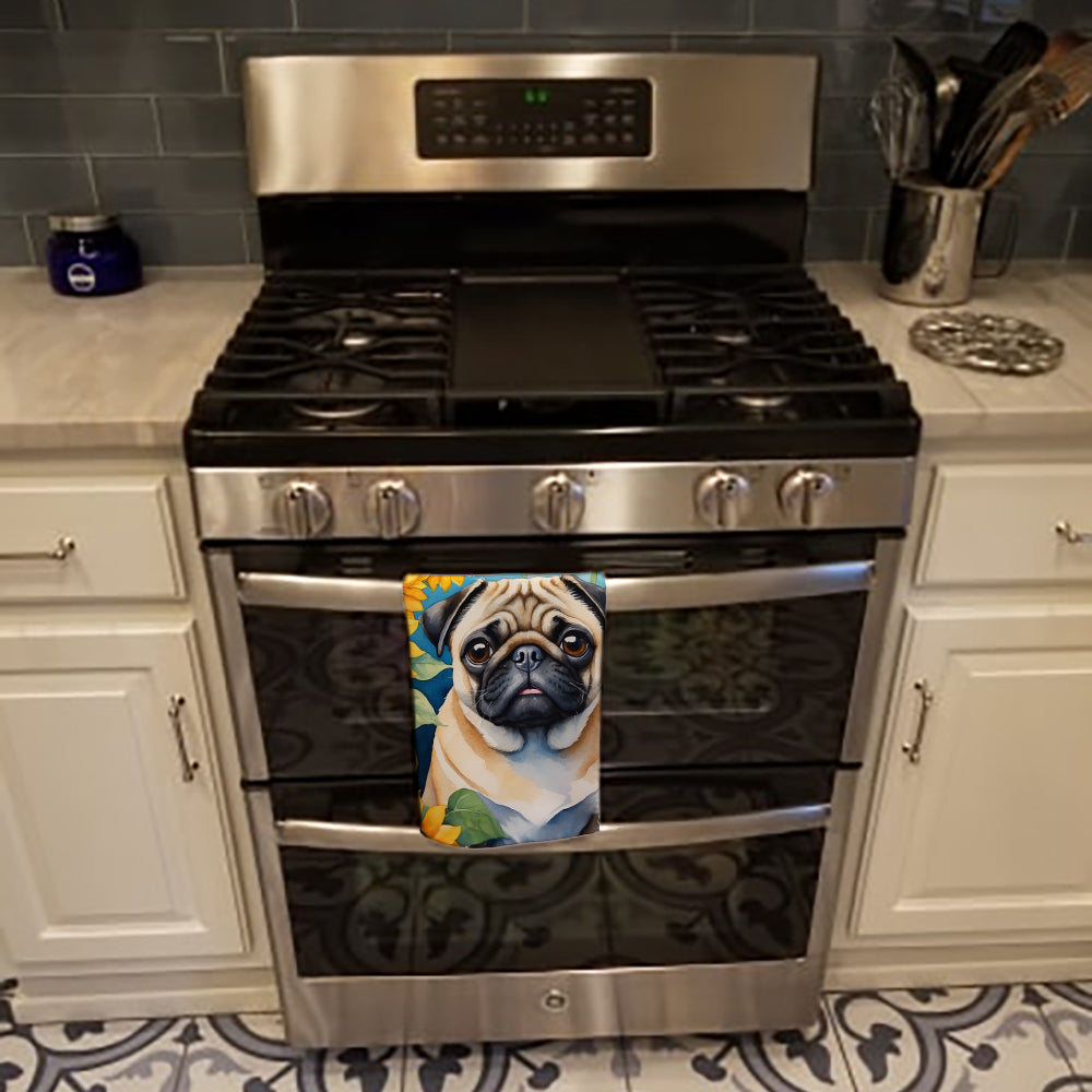 Pug in Sunflowers Kitchen Towel Velour Plush Front and Cotton Loop Back Machine Washable