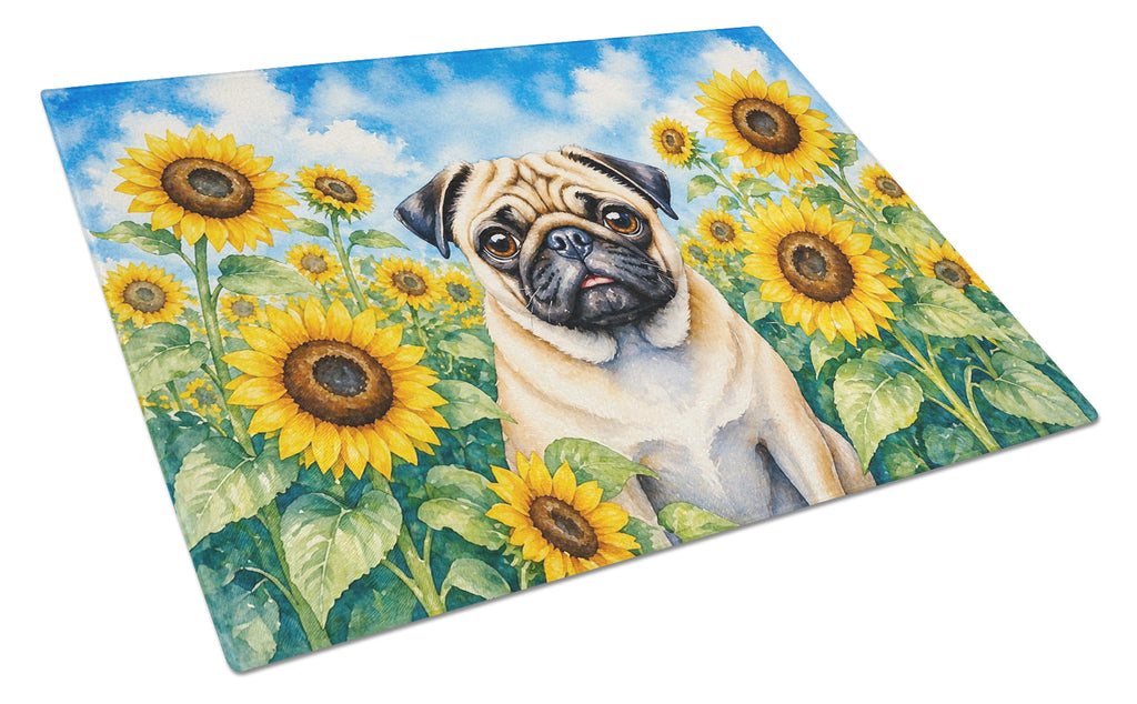 Pug in Sunflowers Cutting Board Tempered Glass Kitchen Cutting Surface, Heat Resistant Chopping Board with Non-Slip Feet, Decorative Food Prep & Serving