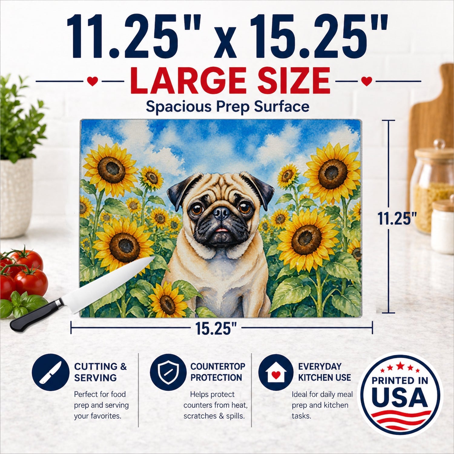 Pug in Sunflowers Cutting Board Tempered Glass Kitchen Cutting Surface, Heat Resistant Chopping Board with Non-Slip Feet, Decorative Food Prep & Serving