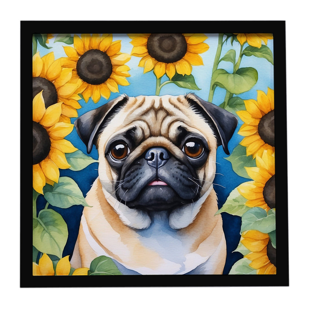 Pug in Sunflowers Framed Metal Print Bathroom, Kitchen, Office, Home Decor Wall Art Ready to Hang, Square, 8X8