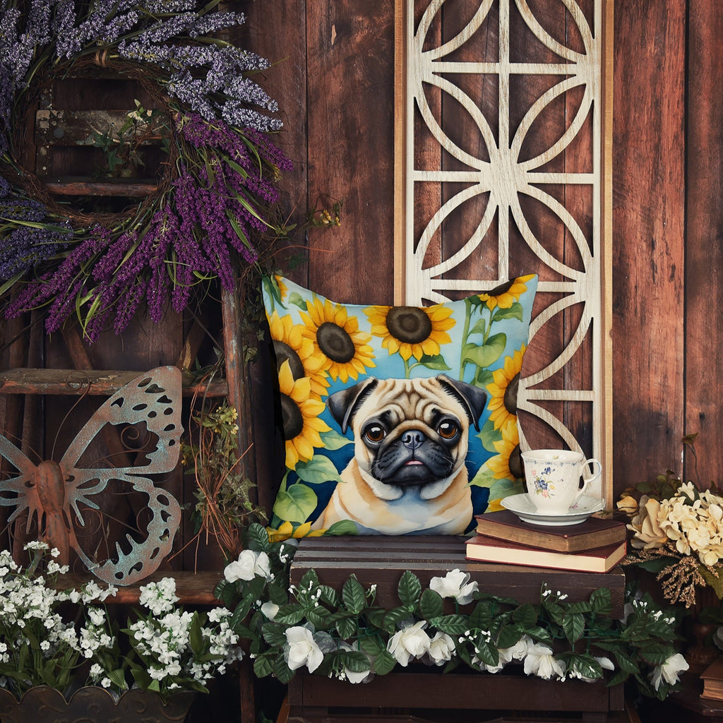 Pug in Sunflowers Decorative Throw Pillow 14x14 Indoor Outdoor Accent Cushion, Fabric Cover with Insert for Sofa, Bed, Porch & Living Room