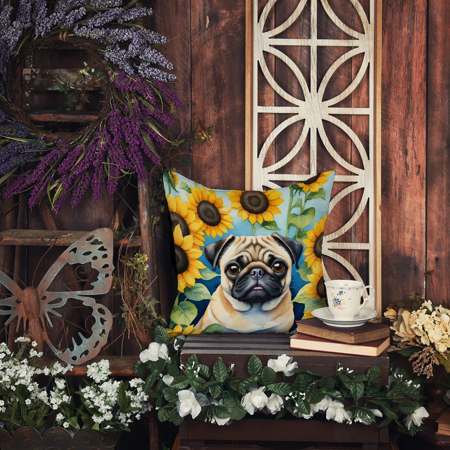 Pug in Sunflowers Decorative Throw Pillow 14x14 Indoor Outdoor Accent Cushion, Fabric Cover with Insert for Sofa, Bed, Porch & Living Room