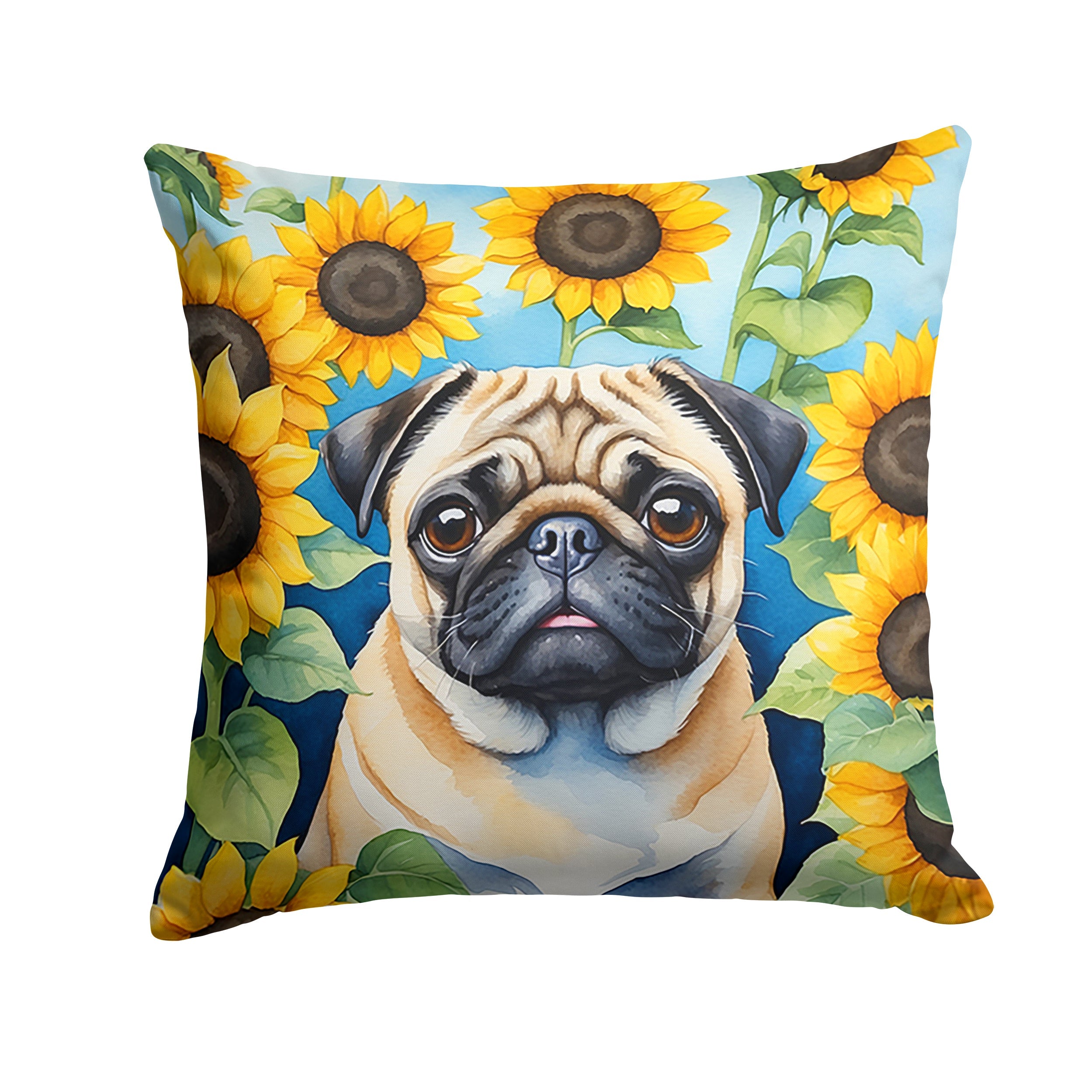 Pug in Sunflowers Decorative Throw Pillow 18x18 Indoor Outdoor Accent Cushion, Fabric Cover with Insert for Sofa, Bed, Porch & Living Room