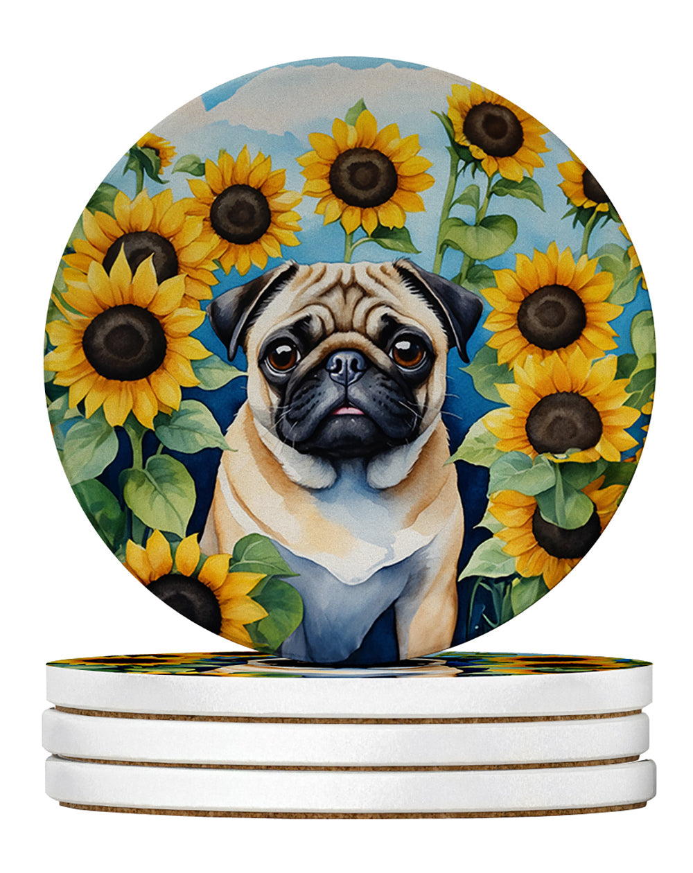 Pug in Sunflowers Large Sandstone Coasters Pack of 4 Absorbent Round Coasters Decor Gifts for Men or Women, 4 in, Multicolor