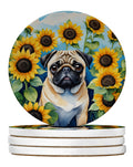 Pug in Sunflowers Large Sandstone Coasters Pack of 4 Absorbent Round Coasters Decor Gifts for Men or Women, 4 in, Multicolor