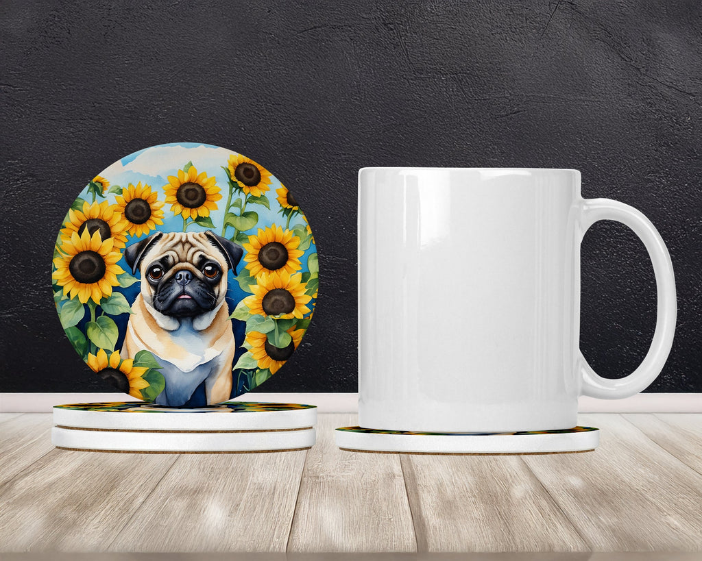 Pug in Sunflowers Large Sandstone Coasters Pack of 4 Absorbent Round Coasters Decor Gifts for Men or Women, 4 in, Multicolor