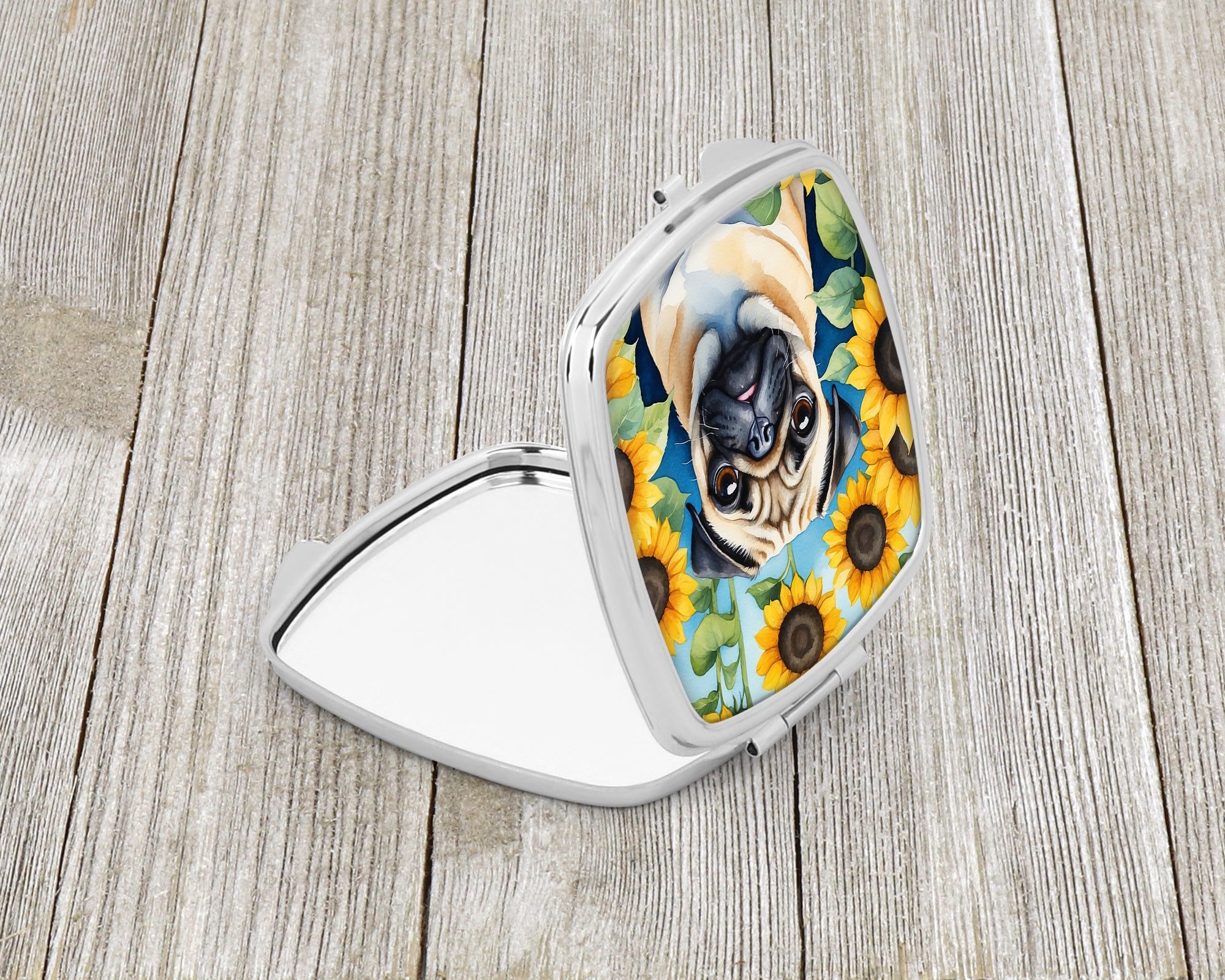 Pug in Sunflowers Compact Mirror Decorative Travel Makeup Mirror for Women Girls Gifts Pocket Makeup Mirror Folding Handheld