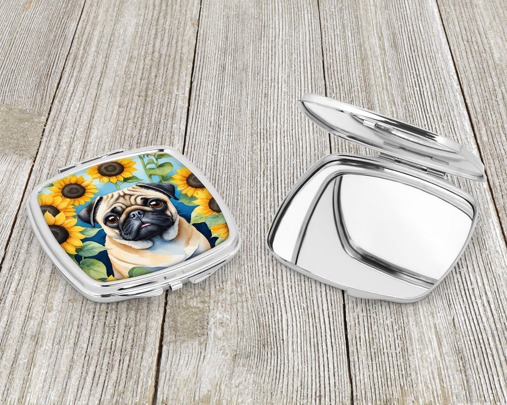 Pug in Sunflowers Compact Mirror Decorative Travel Makeup Mirror for Women Girls Gifts Pocket Makeup Mirror Folding Handheld