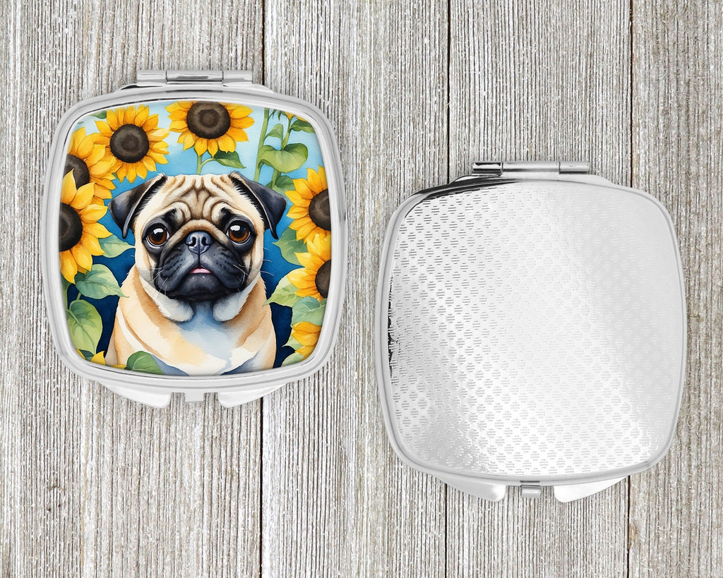 Pug in Sunflowers Compact Mirror Decorative Travel Makeup Mirror for Women Girls Gifts Pocket Makeup Mirror Folding Handheld