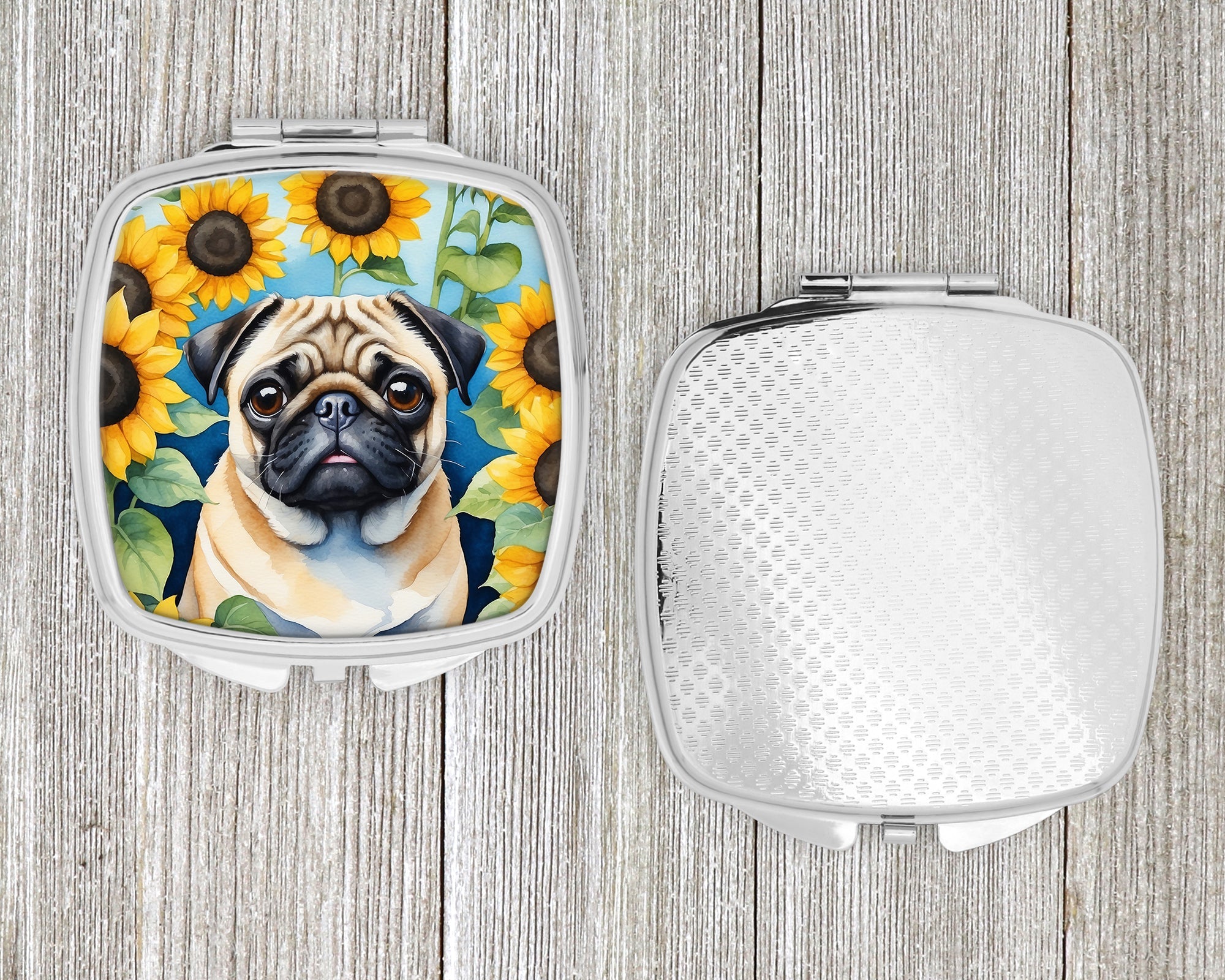 Pug in Sunflowers Compact Mirror Decorative Travel Makeup Mirror for Women Girls Gifts Pocket Makeup Mirror Folding Handheld