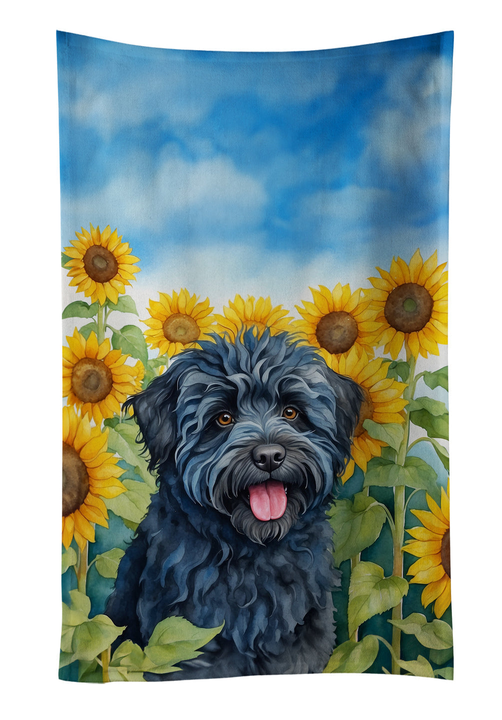 Puli in Sunflowers Kitchen Towel Velour Plush Front and Cotton Loop Back Machine Washable