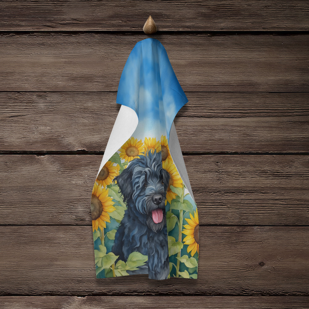 Puli in Sunflowers Kitchen Towel Velour Plush Front and Cotton Loop Back Machine Washable