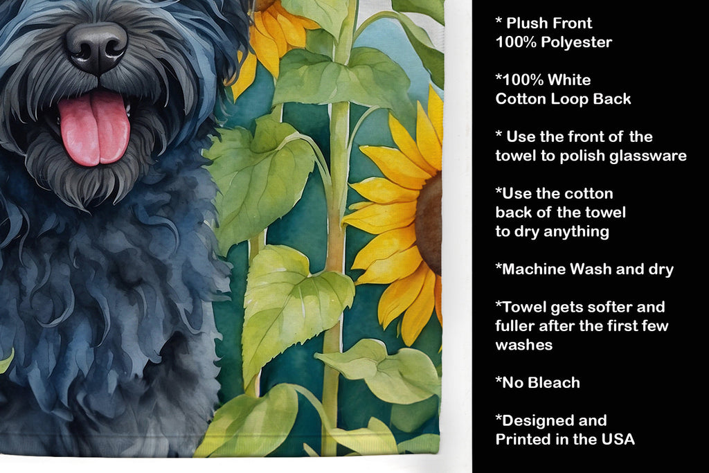 Puli in Sunflowers Kitchen Towel Velour Plush Front and Cotton Loop Back Machine Washable