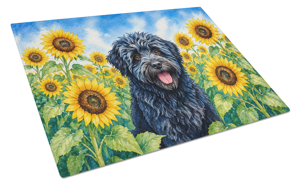 Puli in Sunflowers Cutting Board Tempered Glass Kitchen Cutting Surface, Heat Resistant Chopping Board with Non-Slip Feet, Decorative Food Prep & Serving