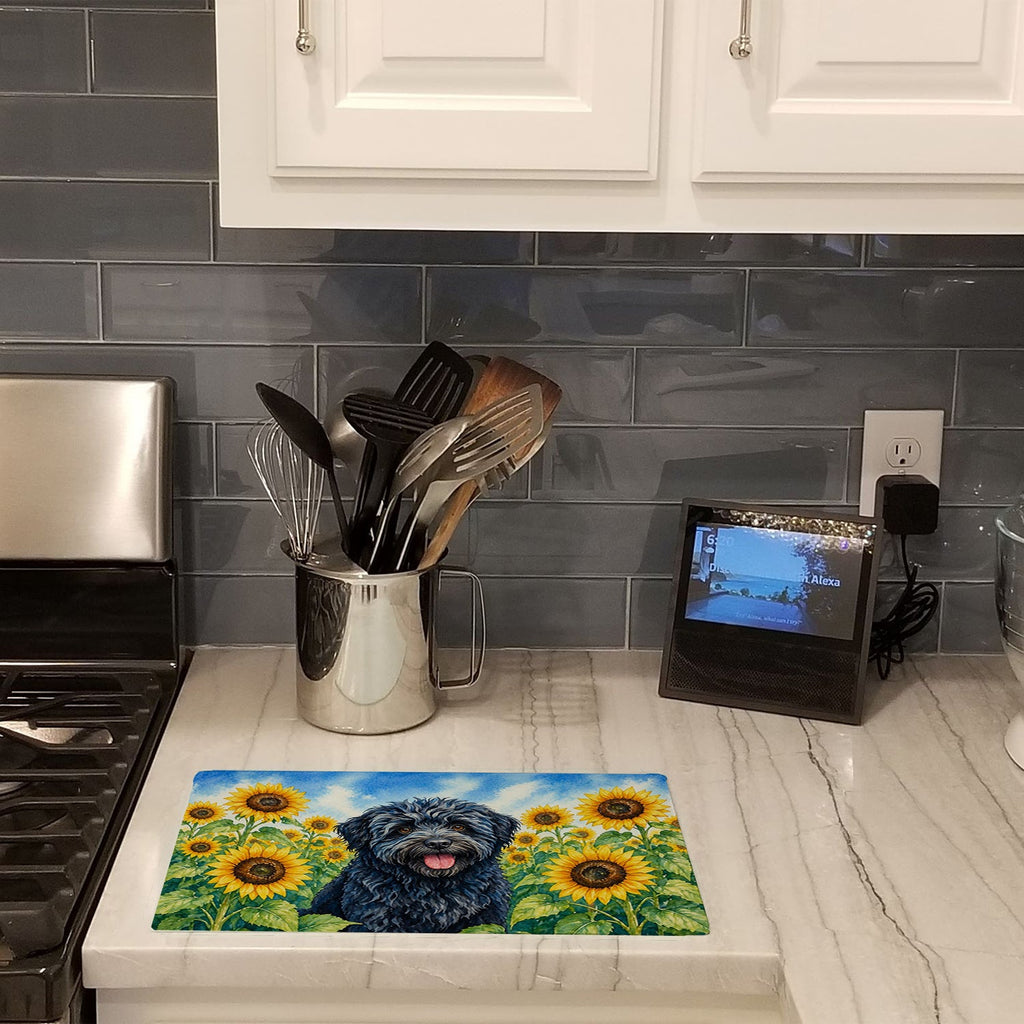 Puli in Sunflowers Cutting Board Tempered Glass Kitchen Cutting Surface, Heat Resistant Chopping Board with Non-Slip Feet, Decorative Food Prep & Serving