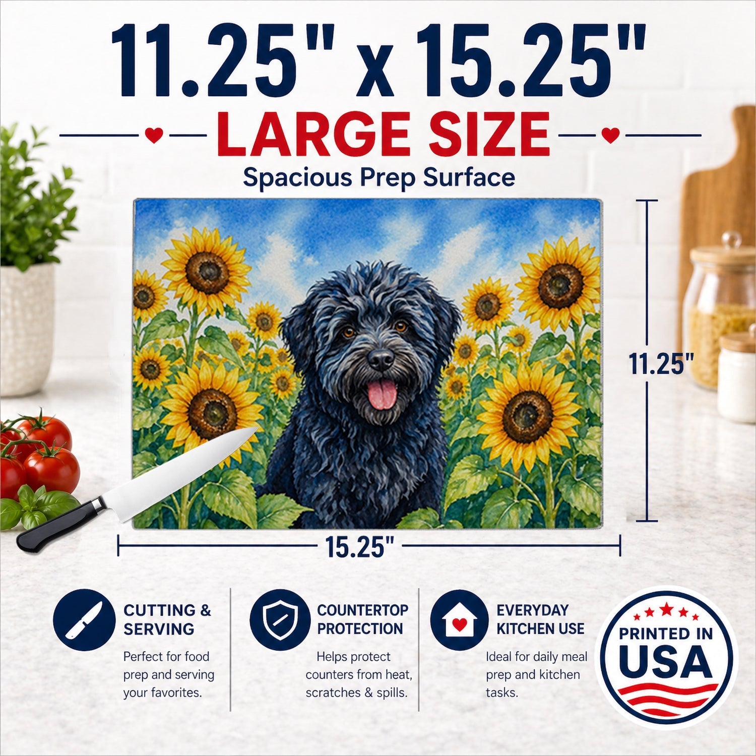 Puli in Sunflowers Cutting Board Tempered Glass Kitchen Cutting Surface, Heat Resistant Chopping Board with Non-Slip Feet, Decorative Food Prep & Serving