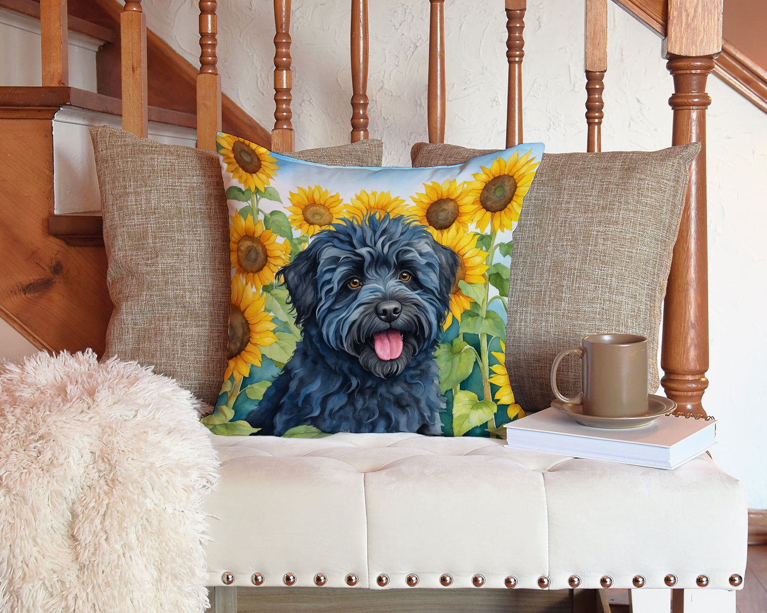 Puli in Sunflowers Decorative Throw Pillow 14x14 Indoor Outdoor Accent Cushion, Fabric Cover with Insert for Sofa, Bed, Porch & Living Room