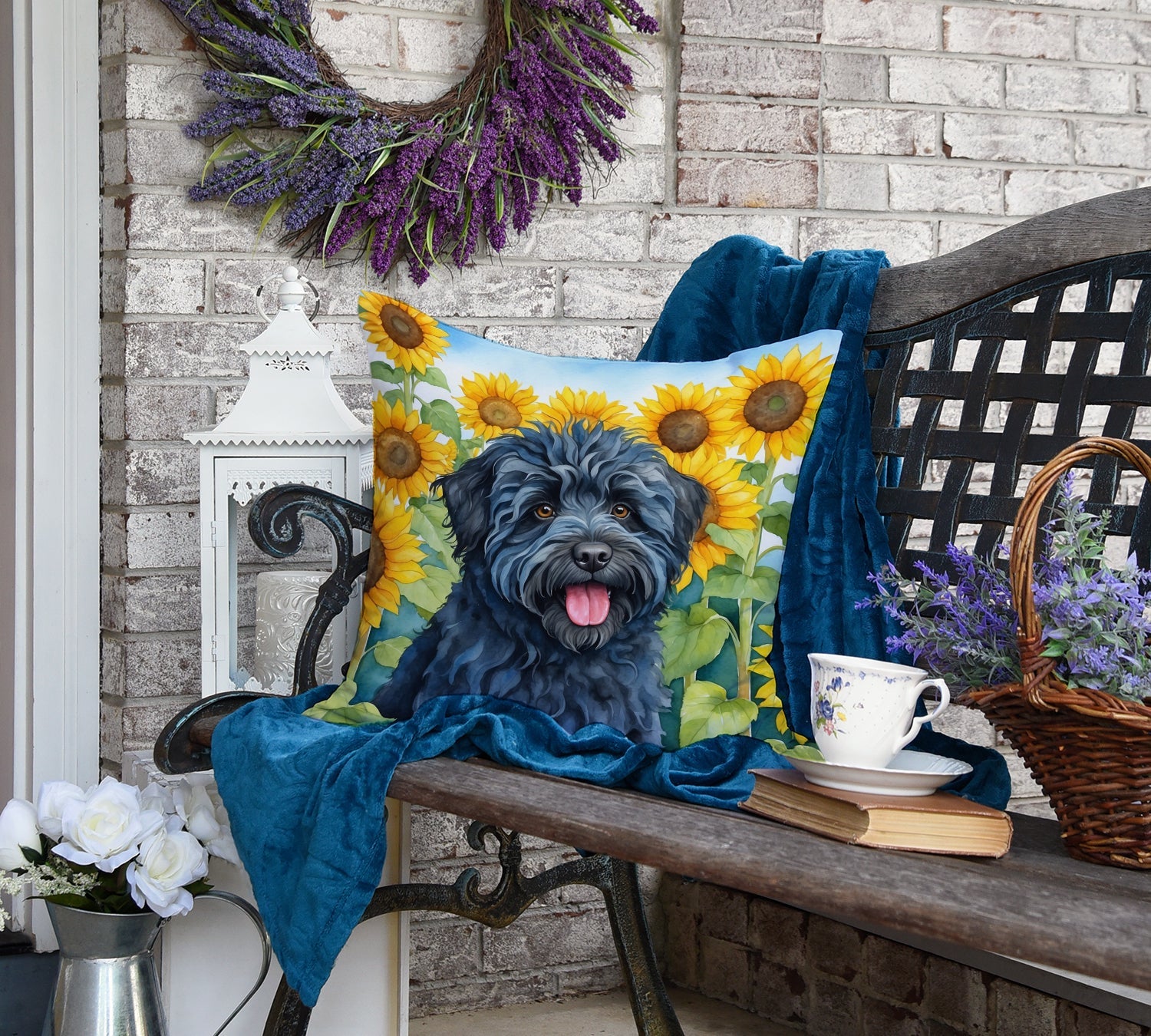 Puli in Sunflowers Decorative Throw Pillow 18x18 Indoor Outdoor Accent Cushion, Fabric Cover with Insert for Sofa, Bed, Porch & Living Room