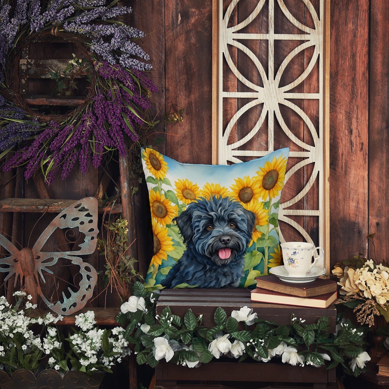 Puli in Sunflowers Decorative Throw Pillow 18x18 Indoor Outdoor Accent Cushion, Fabric Cover with Insert for Sofa, Bed, Porch & Living Room