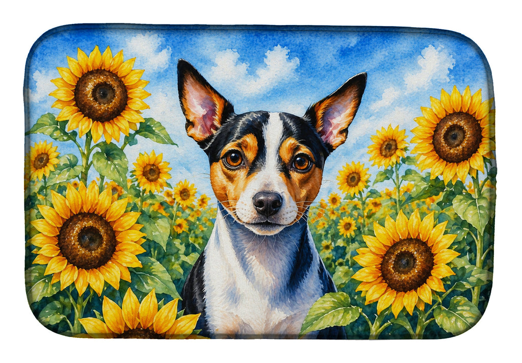 Rat Terrier in Sunflowers Dish Drying Mat Absorbent Dish Drying Mat Pad for Kitchen Counter Dish Drainer Mat for Countertop, 14 x 21", Multicolor