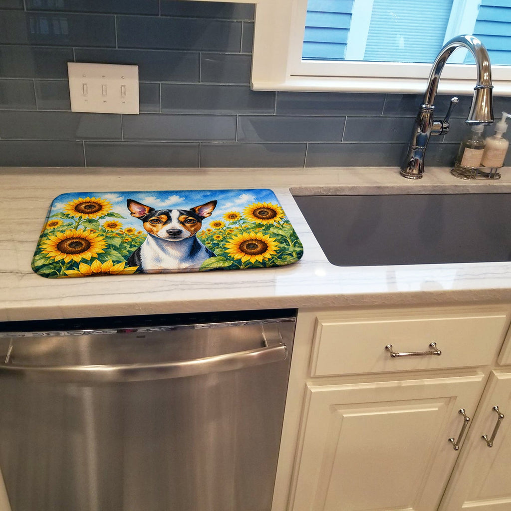 Rat Terrier in Sunflowers Dish Drying Mat Absorbent Dish Drying Mat Pad for Kitchen Counter Dish Drainer Mat for Countertop, 14 x 21", Multicolor