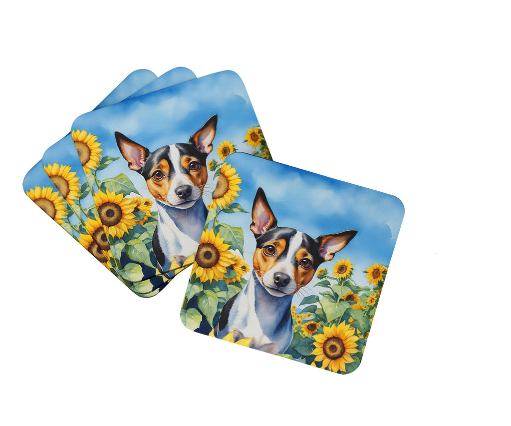 Rat Terrier in Sunflowers Foam Coasters Set of 4 Cup Coasters for Indoor Outdoor, Tabletop Protection, Anti Slip, Mouse pad Material