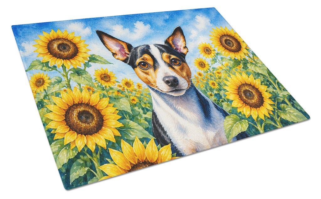 Rat Terrier in Sunflowers Cutting Board Tempered Glass Kitchen Cutting Surface, Heat Resistant Chopping Board with Non-Slip Feet, Decorative Food Prep & Serving