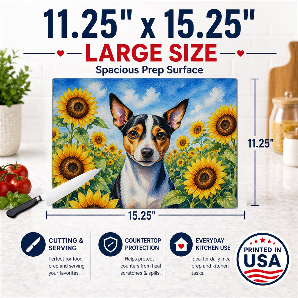 Rat Terrier in Sunflowers Cutting Board Tempered Glass Kitchen Cutting Surface, Heat Resistant Chopping Board with Non-Slip Feet, Decorative Food Prep & Serving