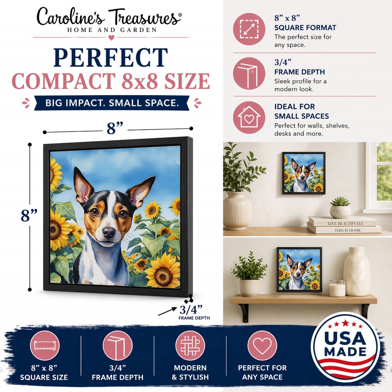 Rat Terrier in Sunflowers Framed Metal Print Bathroom, Kitchen, Office, Home Decor Wall Art Ready to Hang, Square, 8X8