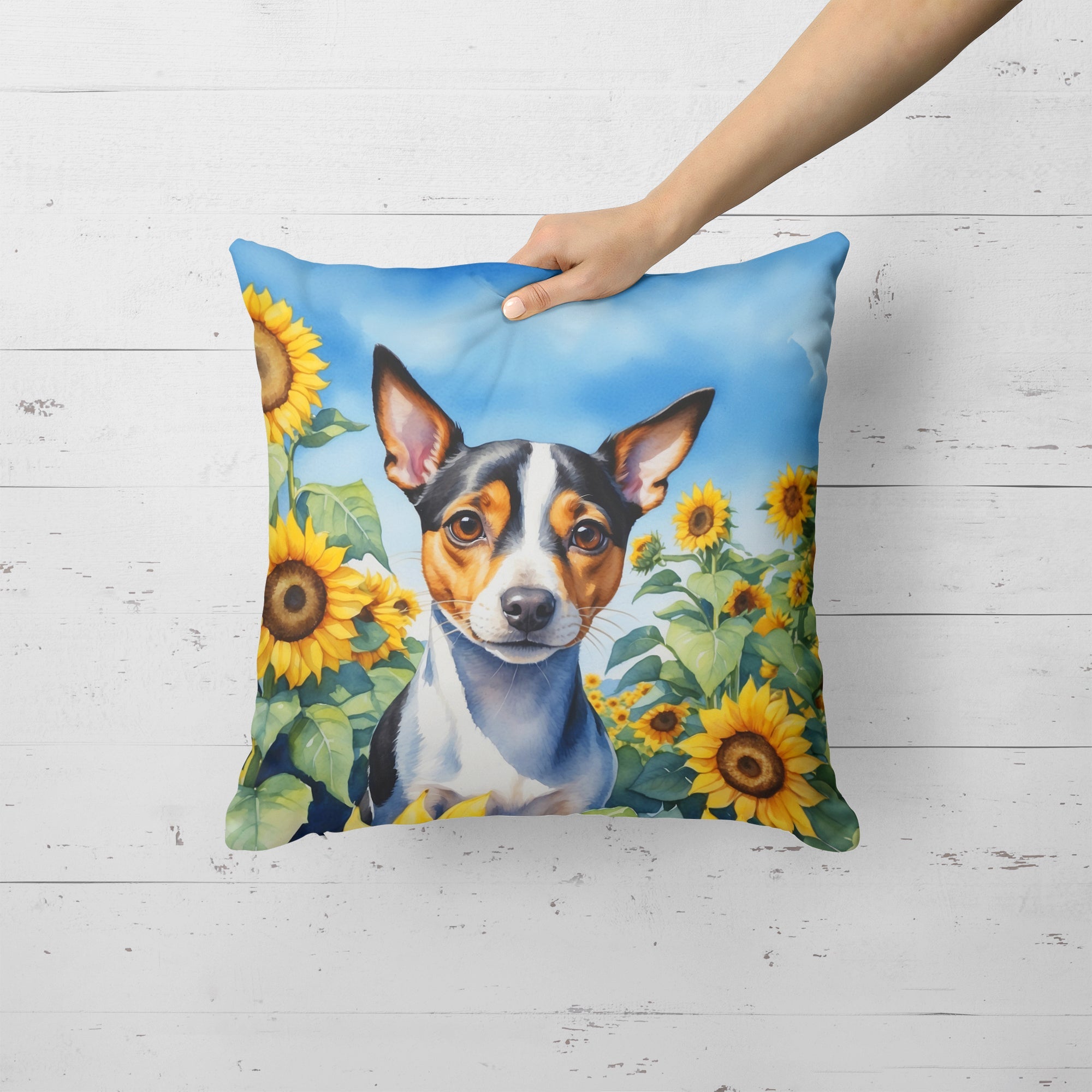 Rat Terrier in Sunflowers Decorative Throw Pillow 18x18 Indoor Outdoor Accent Cushion, Fabric Cover with Insert for Sofa, Bed, Porch & Living Room