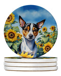 Rat Terrier in Sunflowers Large Sandstone Coasters Pack of 4 Absorbent Round Coasters Decor Gifts for Men or Women, 4 in, Multicolor