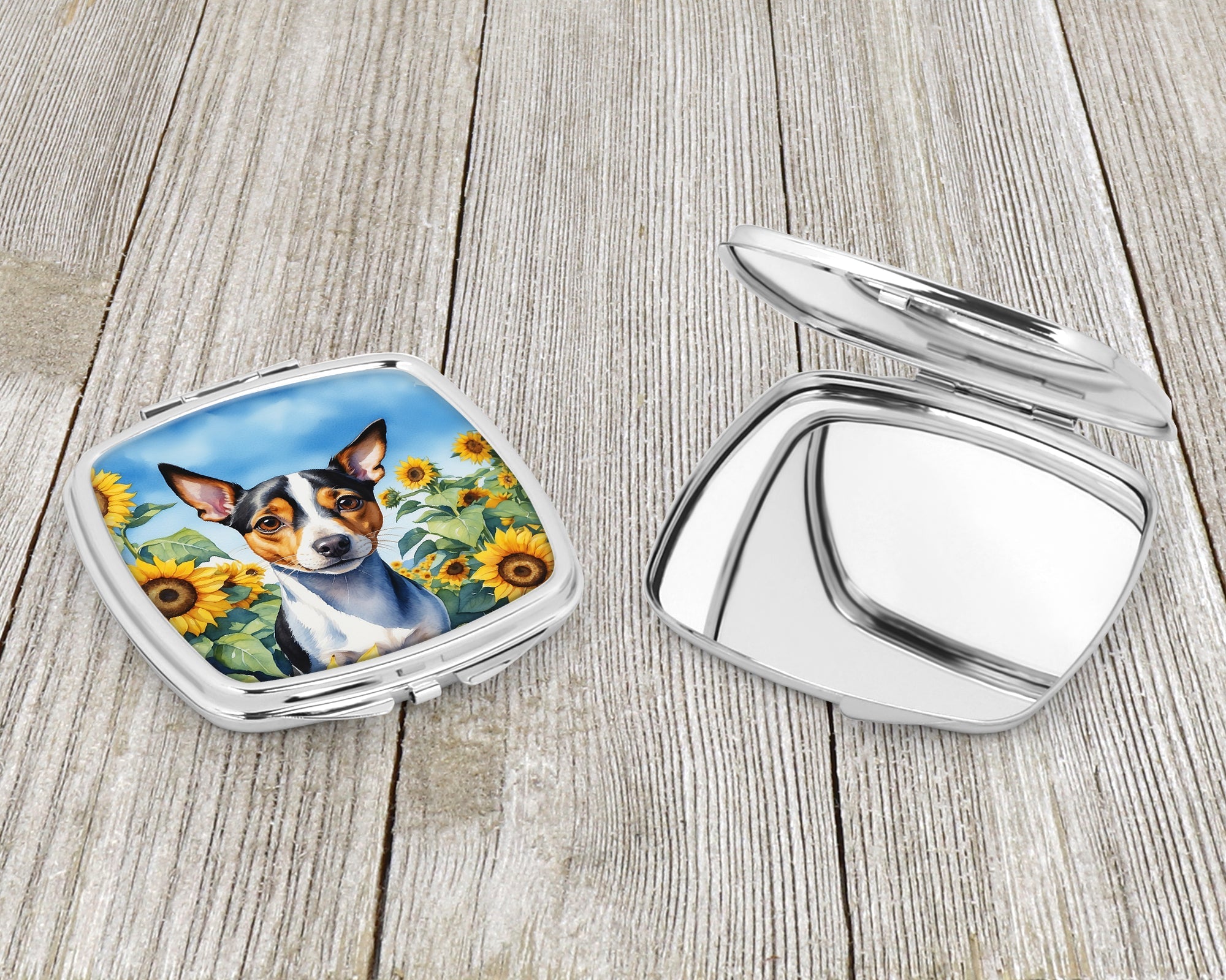 Rat Terrier in Sunflowers Compact Mirror Decorative Travel Makeup Mirror for Women Girls Gifts Pocket Makeup Mirror Folding Handheld