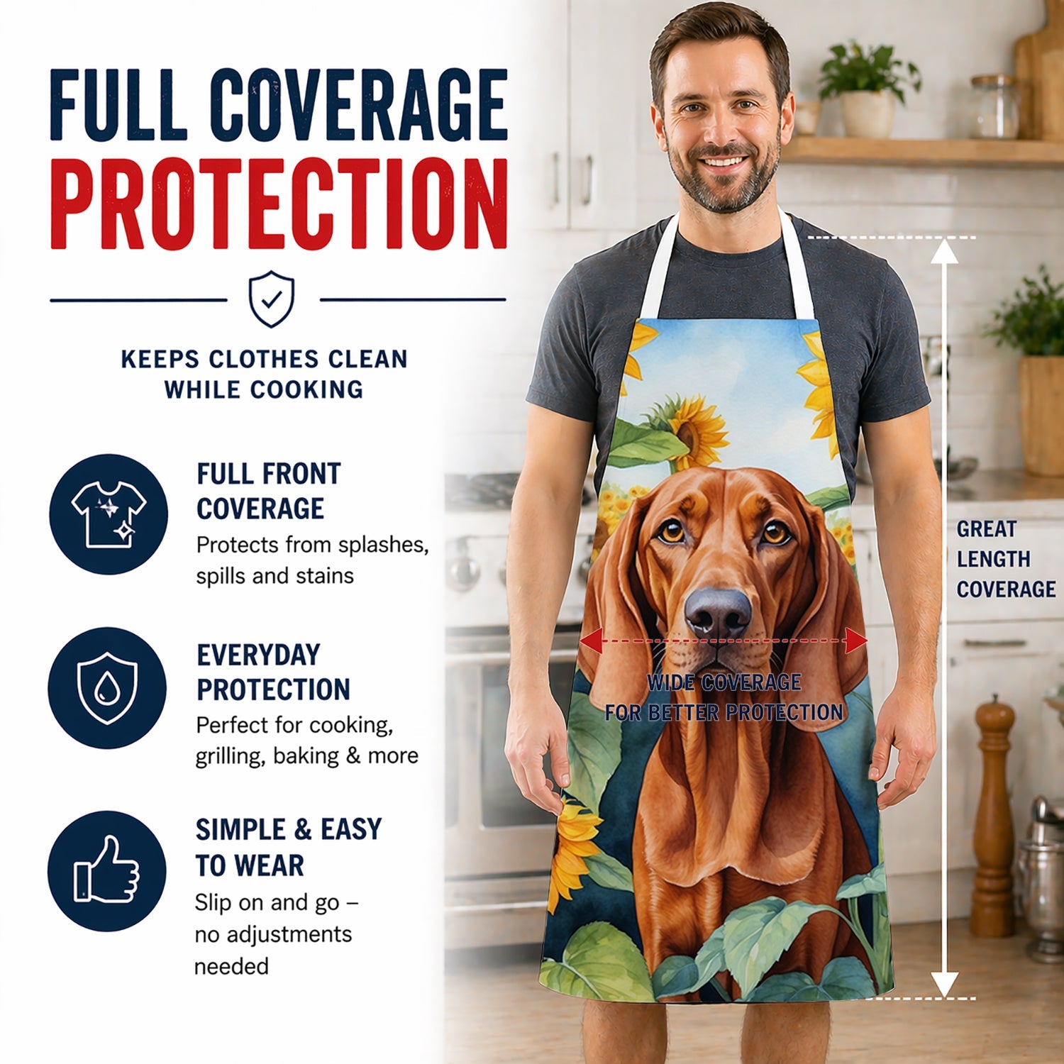 Redbone Coonhound in Sunflowers Apron Cooking Kitchen Server Baking Crafts Gardening for Adult Women Men, Unisex, Large, Multicolor