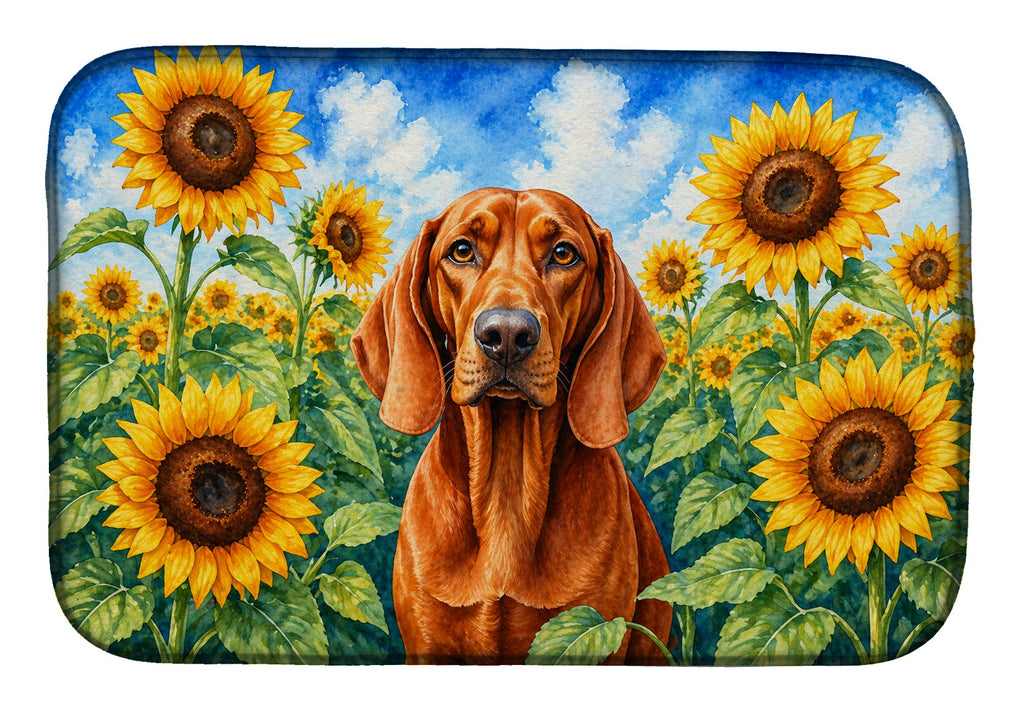 Redbone Coonhound in Sunflowers Dish Drying Mat Absorbent Dish Drying Mat Pad for Kitchen Counter Dish Drainer Mat for Countertop, 14 x 21", Multicolor
