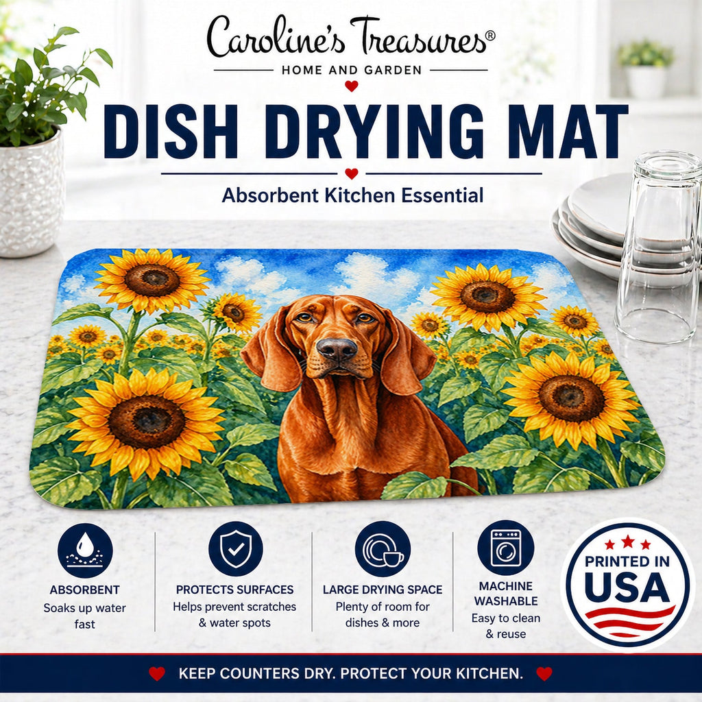 Redbone Coonhound in Sunflowers Dish Drying Mat Absorbent Dish Drying Mat Pad for Kitchen Counter Dish Drainer Mat for Countertop, 14 x 21", Multicolor