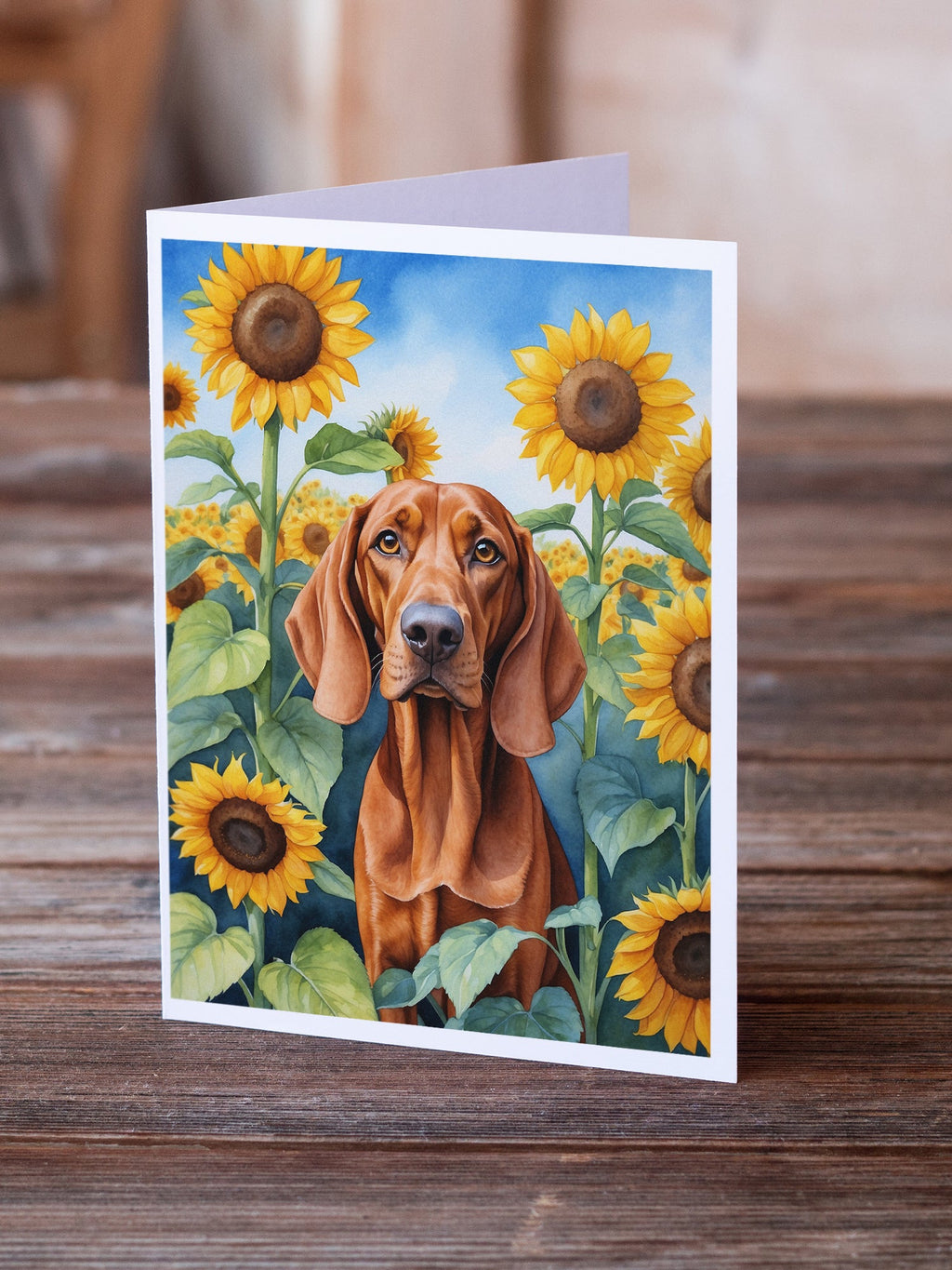 Redbone Coonhound in Sunflowers Greeting Cards Pack of 8 Blank Cards with Envelopes Whimsical A7 Size 5x7