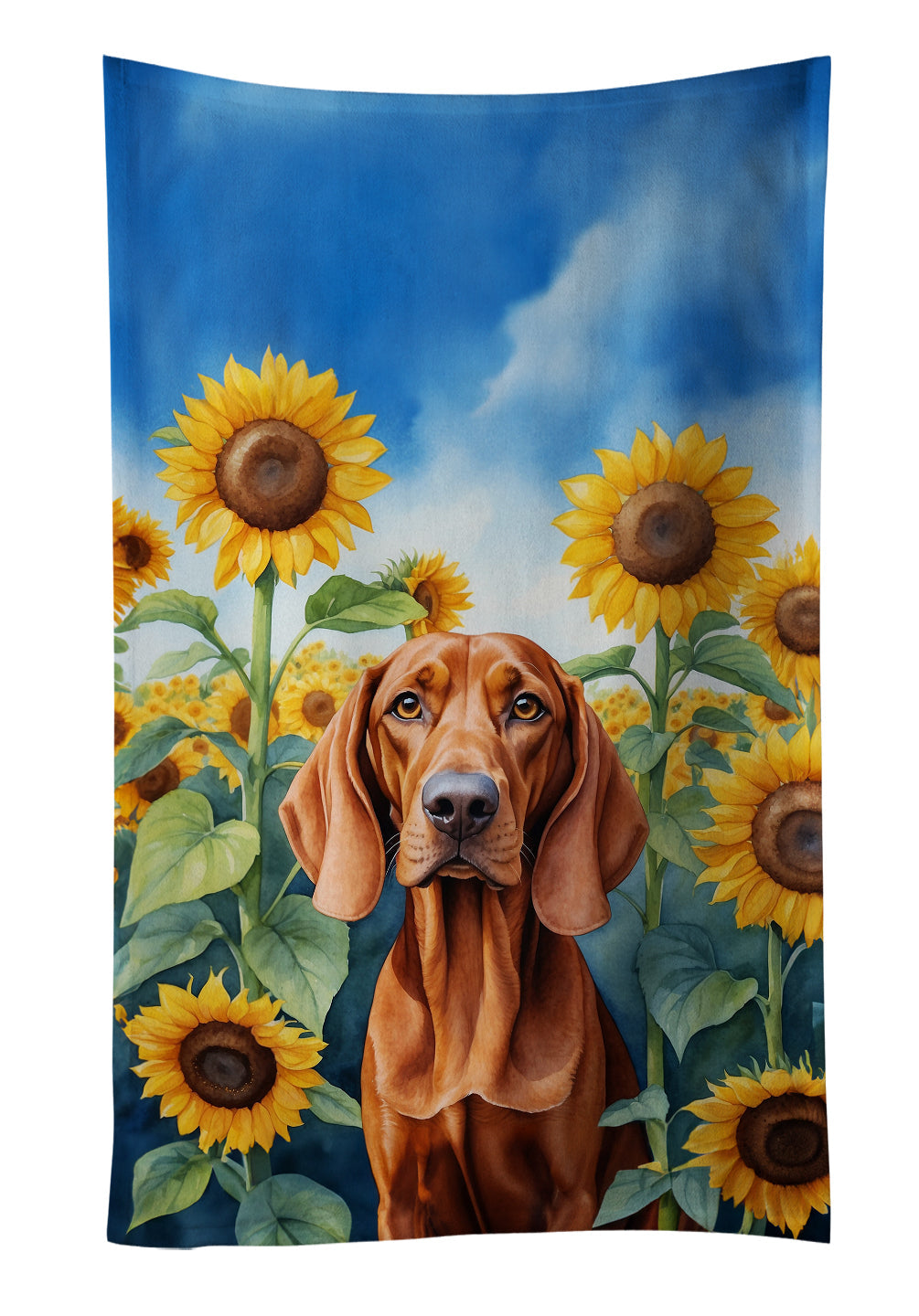 Redbone Coonhound in Sunflowers Kitchen Towel Velour Plush Front and Cotton Loop Back Machine Washable