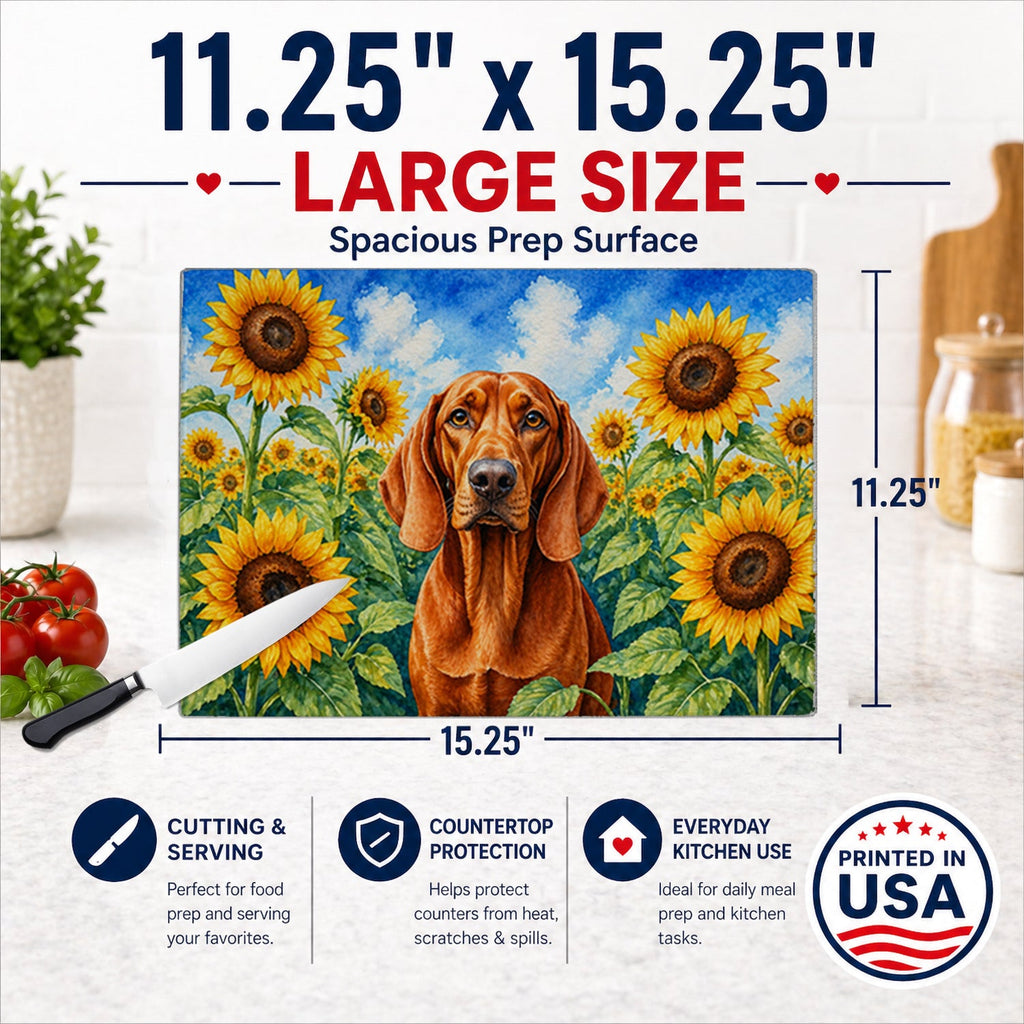 Redbone Coonhound in Sunflowers Cutting Board Tempered Glass Kitchen Cutting Surface, Heat Resistant Chopping Board with Non-Slip Feet, Decorative Food Prep & Serving