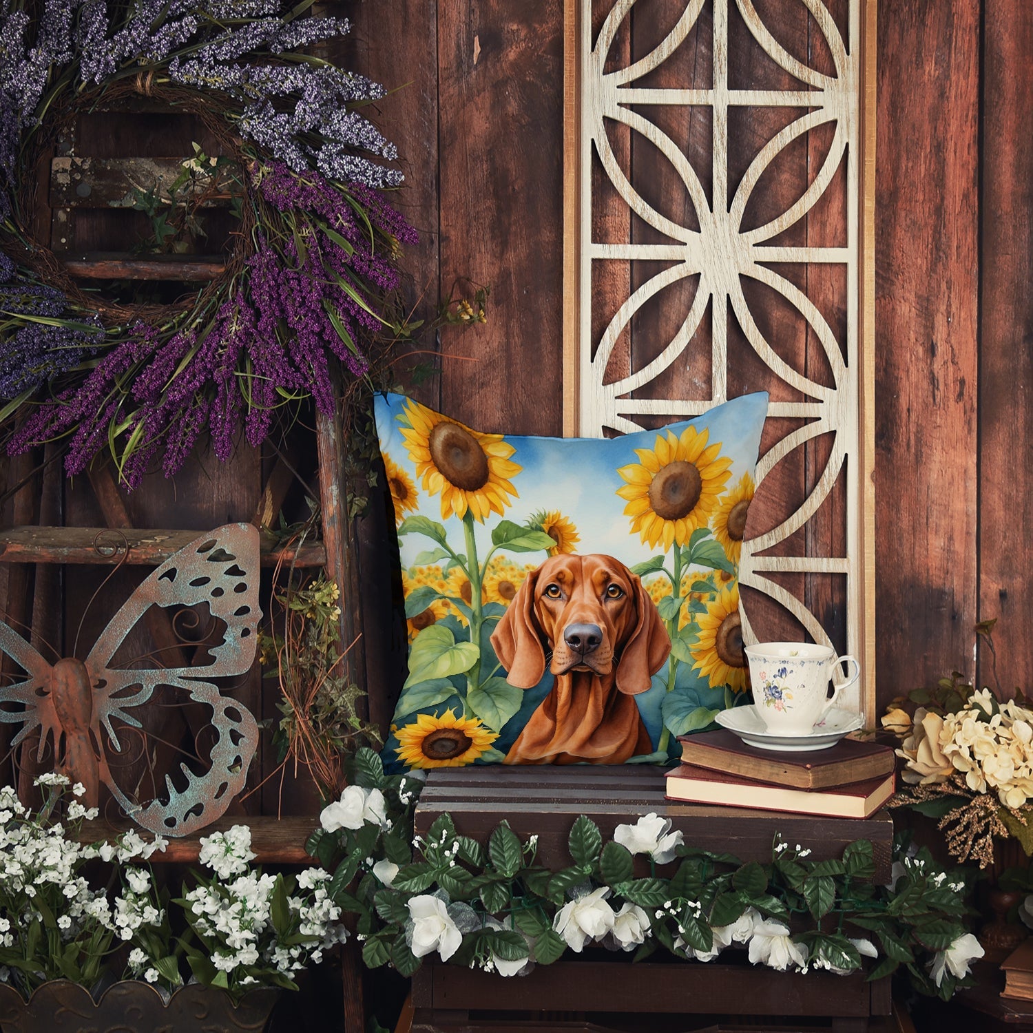 Redbone Coonhound in Sunflowers Decorative Throw Pillow 14x14 Indoor Outdoor Accent Cushion, Fabric Cover with Insert for Sofa, Bed, Porch & Living Room