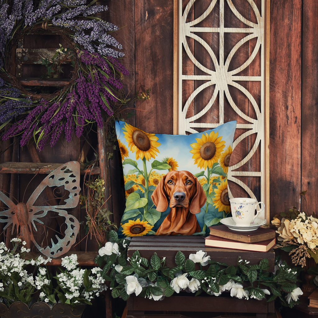 Redbone Coonhound in Sunflowers Decorative Throw Pillow 18x18 Indoor Outdoor Accent Cushion, Fabric Cover with Insert for Sofa, Bed, Porch & Living Room