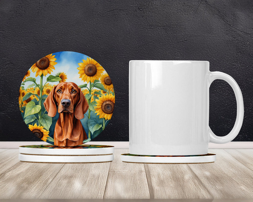 Redbone Coonhound in Sunflowers Large Sandstone Coasters Pack of 4 Absorbent Round Coasters Decor Gifts for Men or Women, 4 in, Multicolor