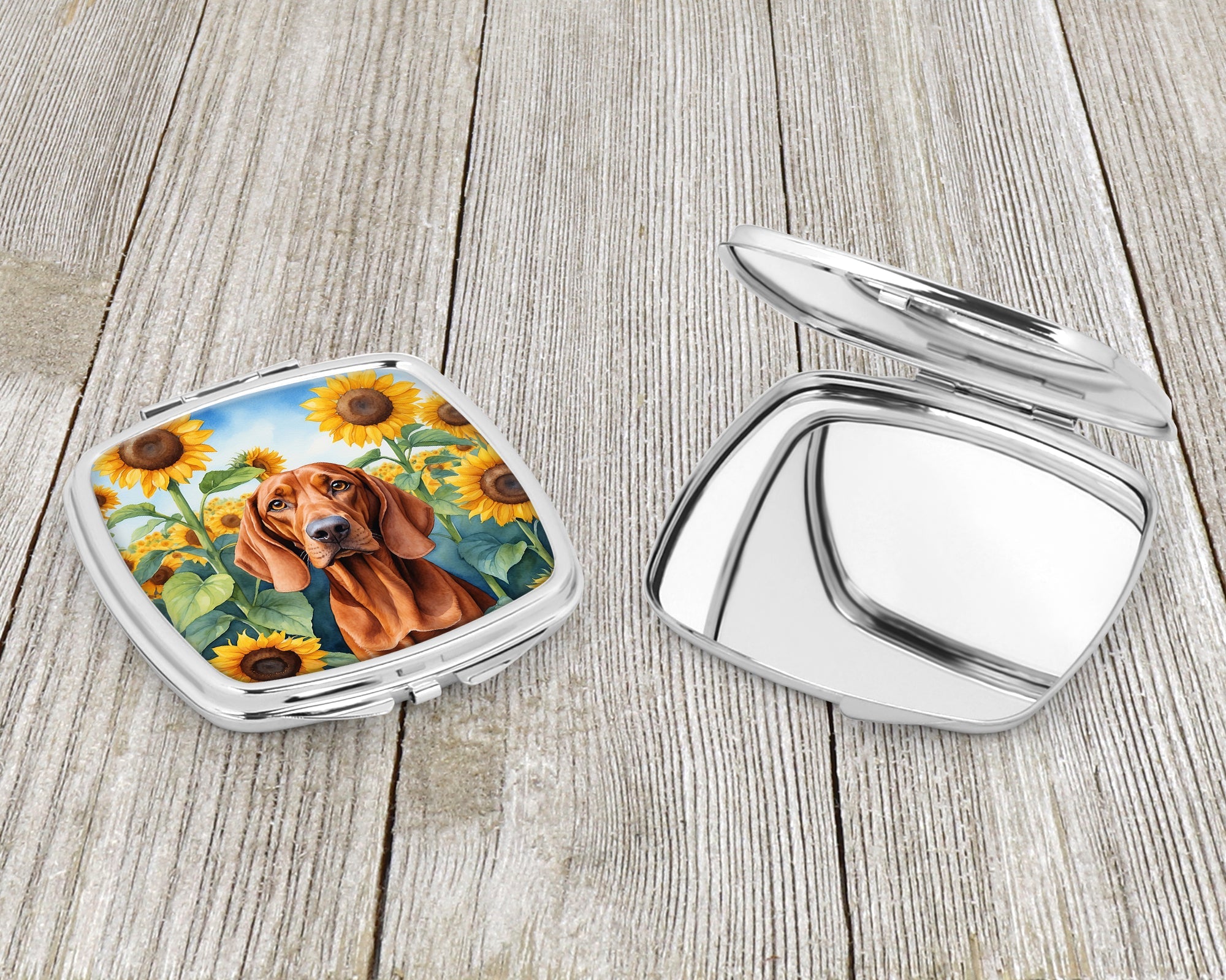 Redbone Coonhound in Sunflowers Compact Mirror Decorative Travel Makeup Mirror for Women Girls Gifts Pocket Makeup Mirror Folding Handheld