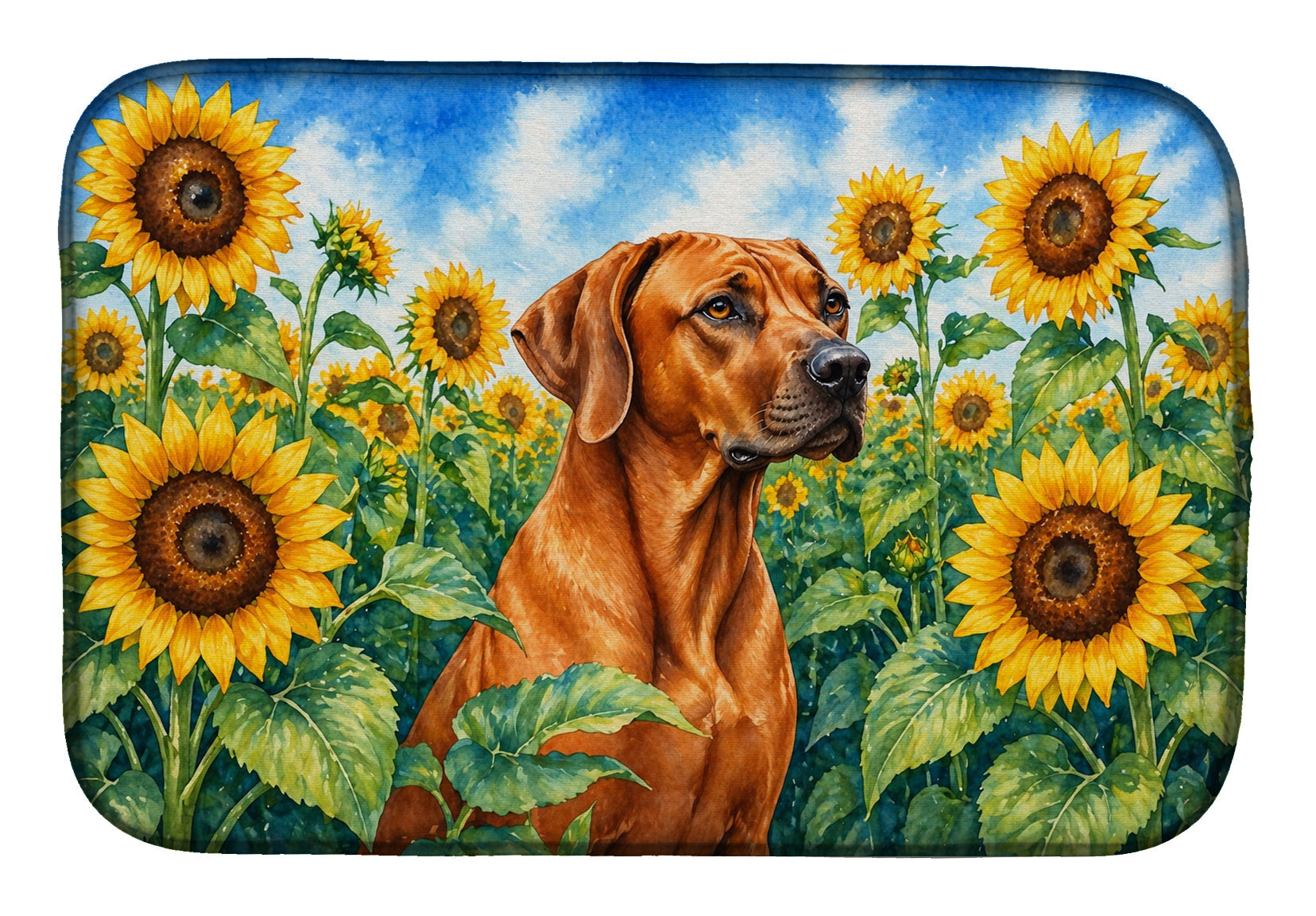Rhodesian Ridgeback in Sunflowers Dish Drying Mat Absorbent Dish Drying Mat Pad for Kitchen Counter Dish Drainer Mat for Countertop, 14 x 21", Multicolor