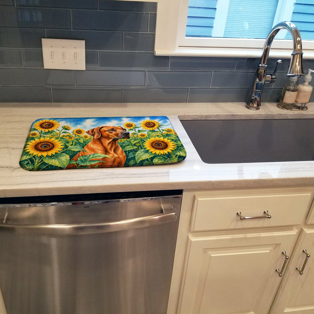 Rhodesian Ridgeback in Sunflowers Dish Drying Mat Absorbent Dish Drying Mat Pad for Kitchen Counter Dish Drainer Mat for Countertop, 14 x 21", Multicolor