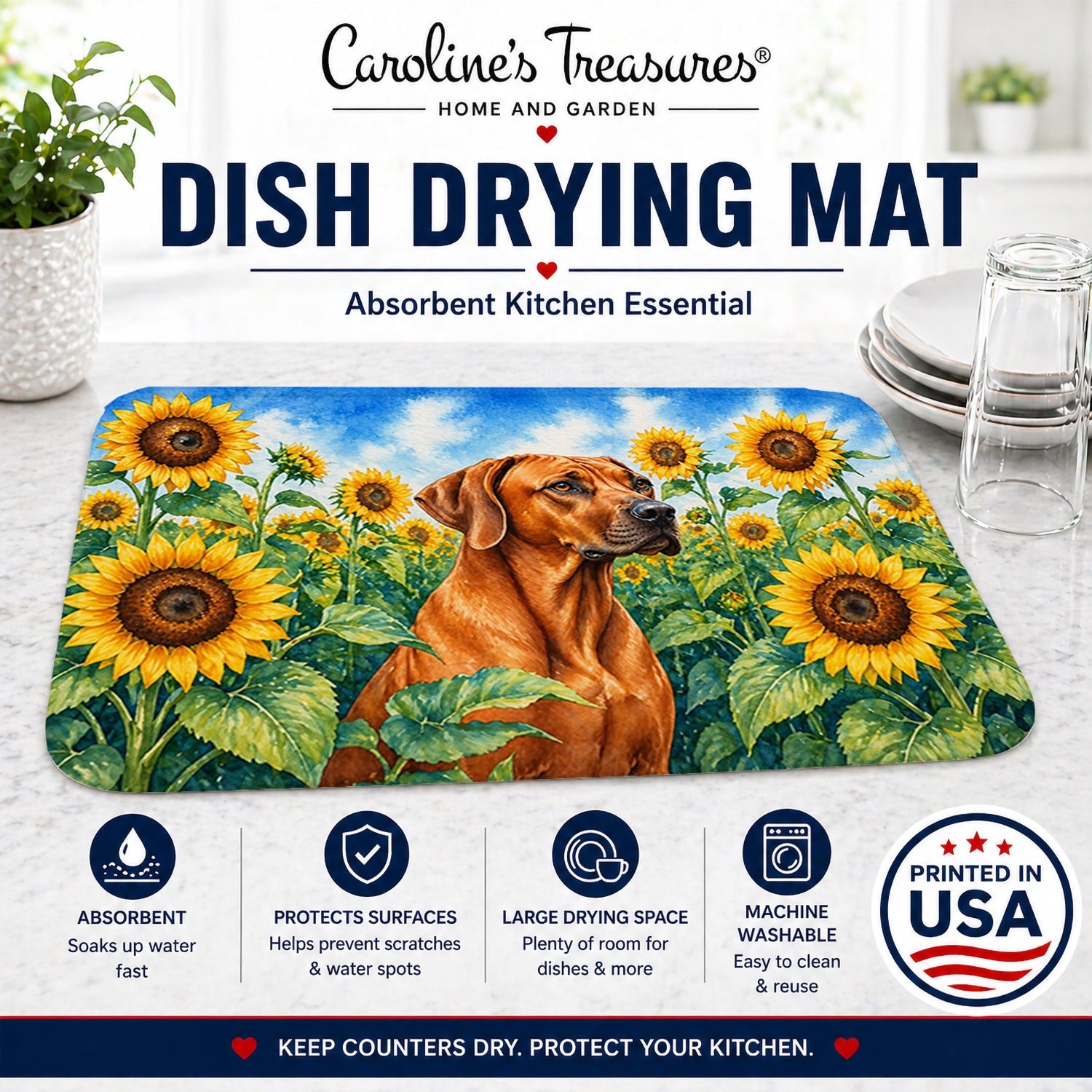 Rhodesian Ridgeback in Sunflowers Dish Drying Mat Absorbent Dish Drying Mat Pad for Kitchen Counter Dish Drainer Mat for Countertop, 14 x 21", Multicolor