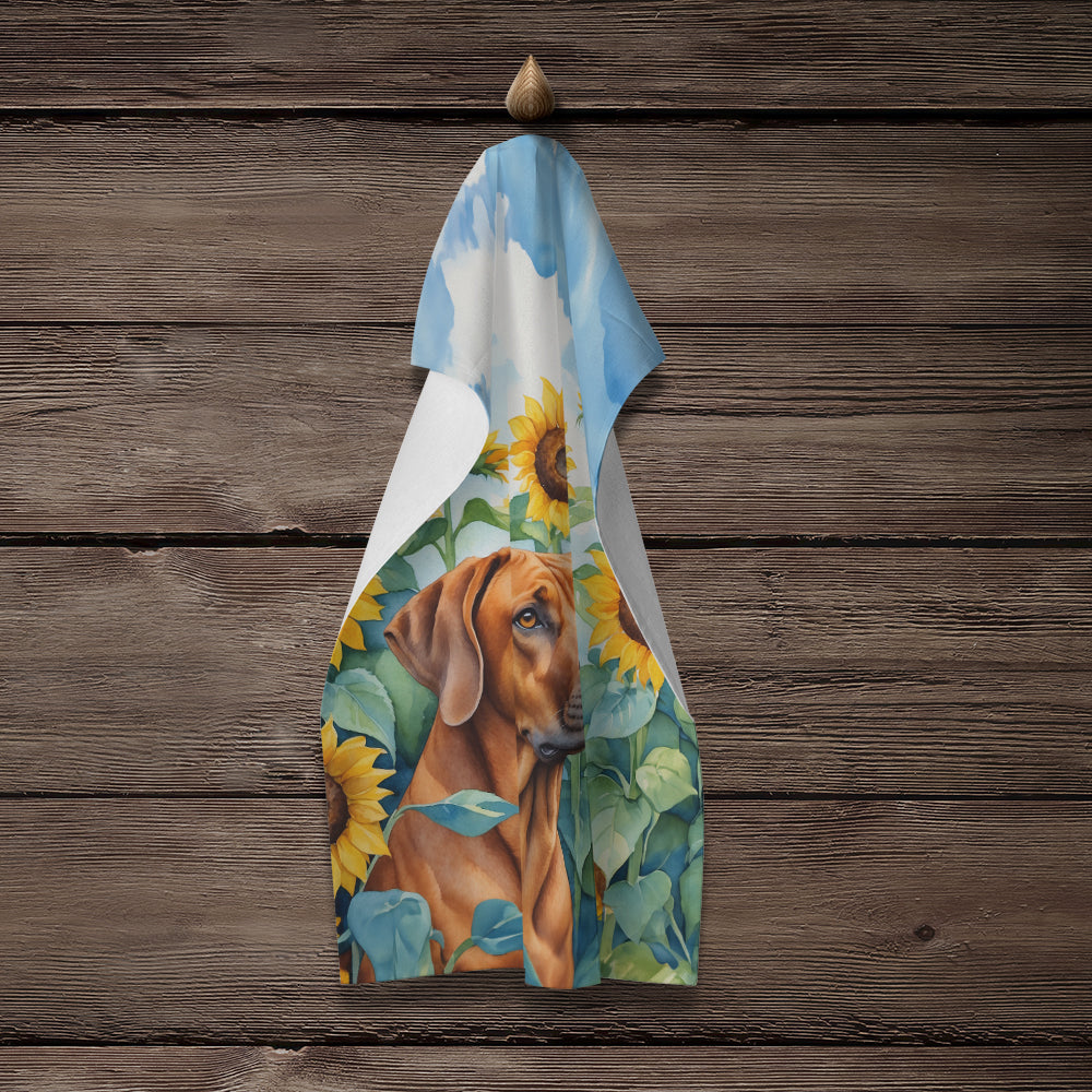Rhodesian Ridgeback in Sunflowers Kitchen Towel Velour Plush Front and Cotton Loop Back Machine Washable