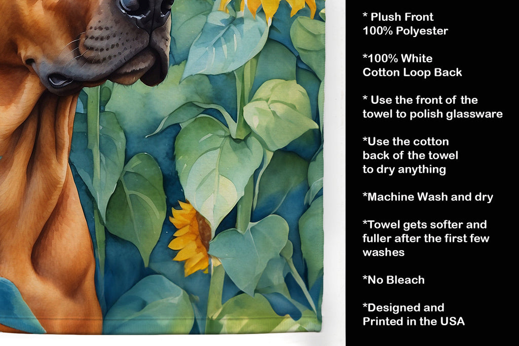 Rhodesian Ridgeback in Sunflowers Kitchen Towel Velour Plush Front and Cotton Loop Back Machine Washable
