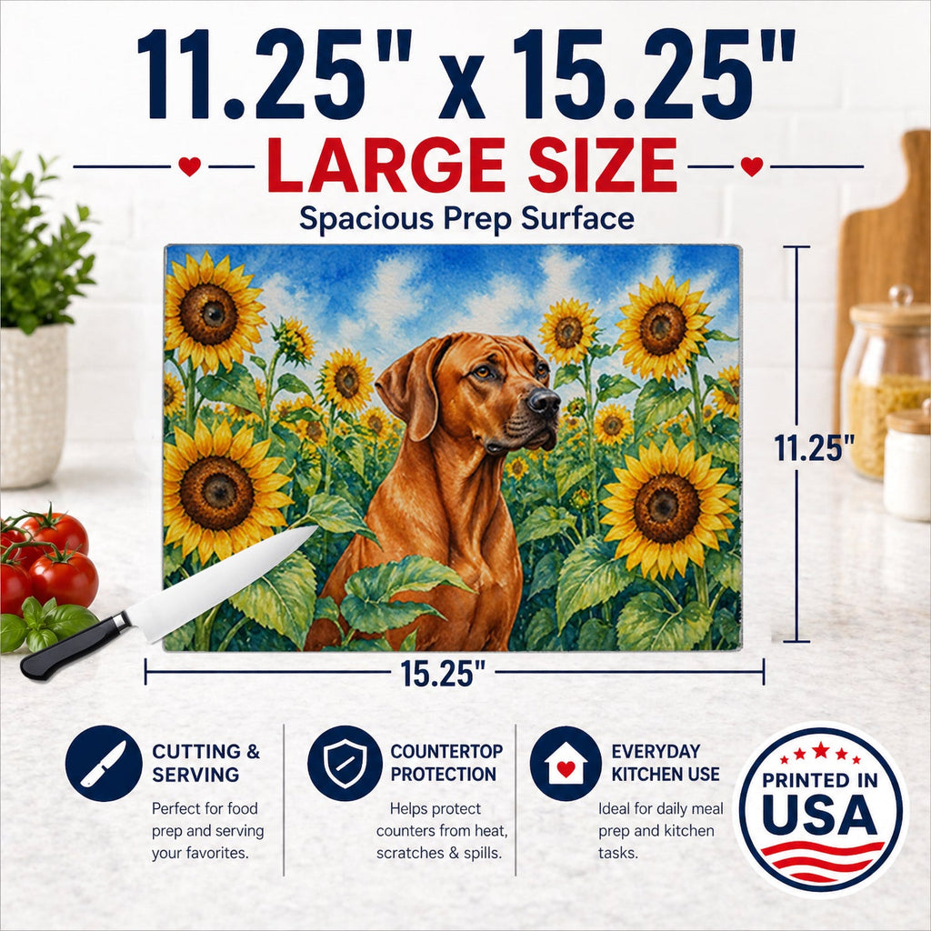 Rhodesian Ridgeback in Sunflowers Cutting Board Tempered Glass Kitchen Cutting Surface, Heat Resistant Chopping Board with Non-Slip Feet, Decorative Food Prep & Serving