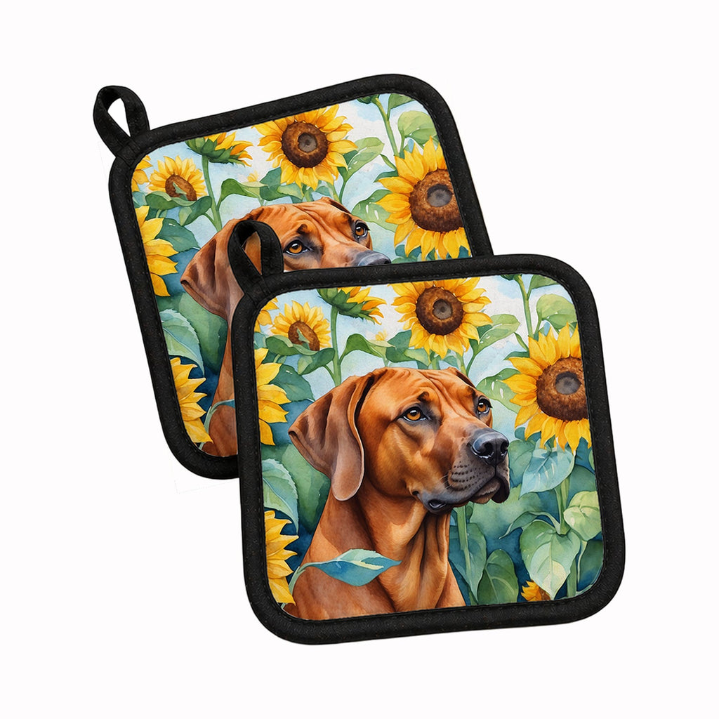 Rhodesian Ridgeback in Sunflowers Pot Holder Set of 2 Heat Resistant Quilted Hot Pads 7.5 x 7.5 Inch, Insulated Kitchen Trivets for Cooking & Baking